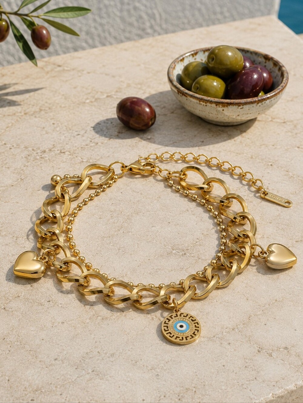 Double Chain 18K Gold Plated Heart Evil Eye Charm Bracelet Chunky Adj 6-8.5"